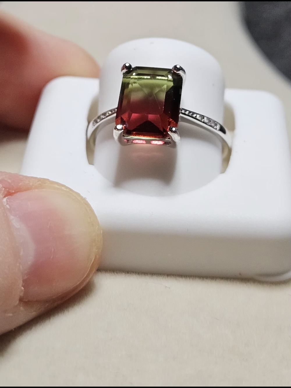New Emerald-Cut Watermelon Tourmaline Ring in 925 Sterling Silver – Size 6